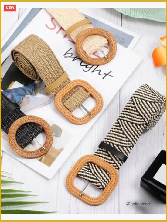 4 Pcs Elastic Raffia Woven Belt Boho Rattan Buckle Stretch Straw Wide Waist Belt main image 4